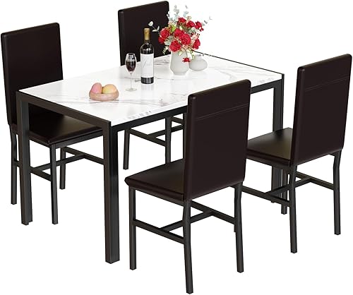 Miniatura 9 de DKLGG Juego de 4 mesas de comedor para 4, juego de 4 mesas y sillas de cocina de mármol sintético, moderno juego de mesa de comedor de 5 piezas con