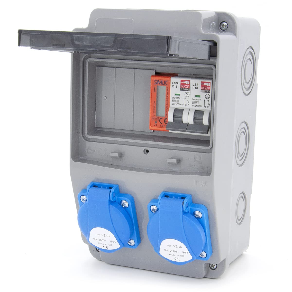 ELS Elektrotechnika Distribuidor de pared para construcción con 2 interruptores y contador, 2 enchufes Schuko de 230 V + contador de corriente MID cableado, para interiores y exteriores, talleres y