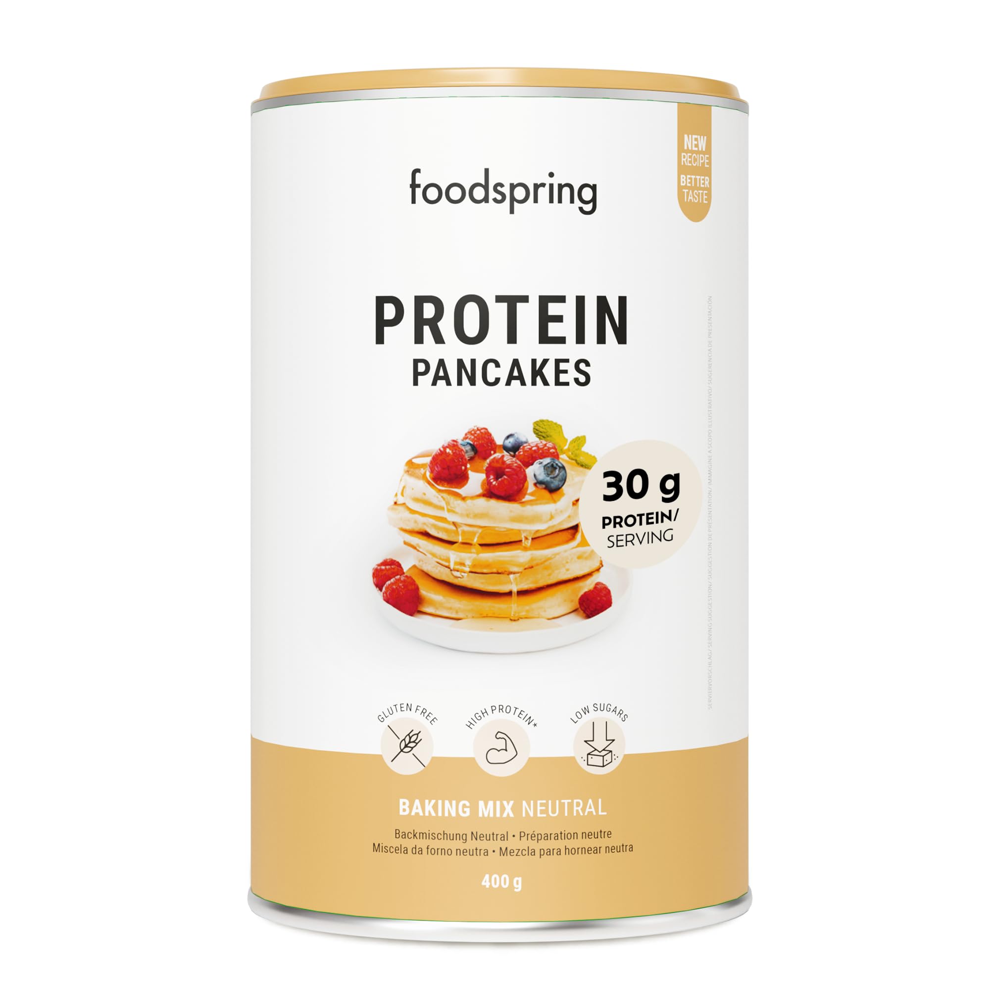 foodspring - Protein Pancakes sabor neutro - mezcla preparada sin gluten - 30g de proteínas por porción - bajo en azúcar, ideal como merienda & desayuno - polvo para tortitas alto en proteínas - 400gr