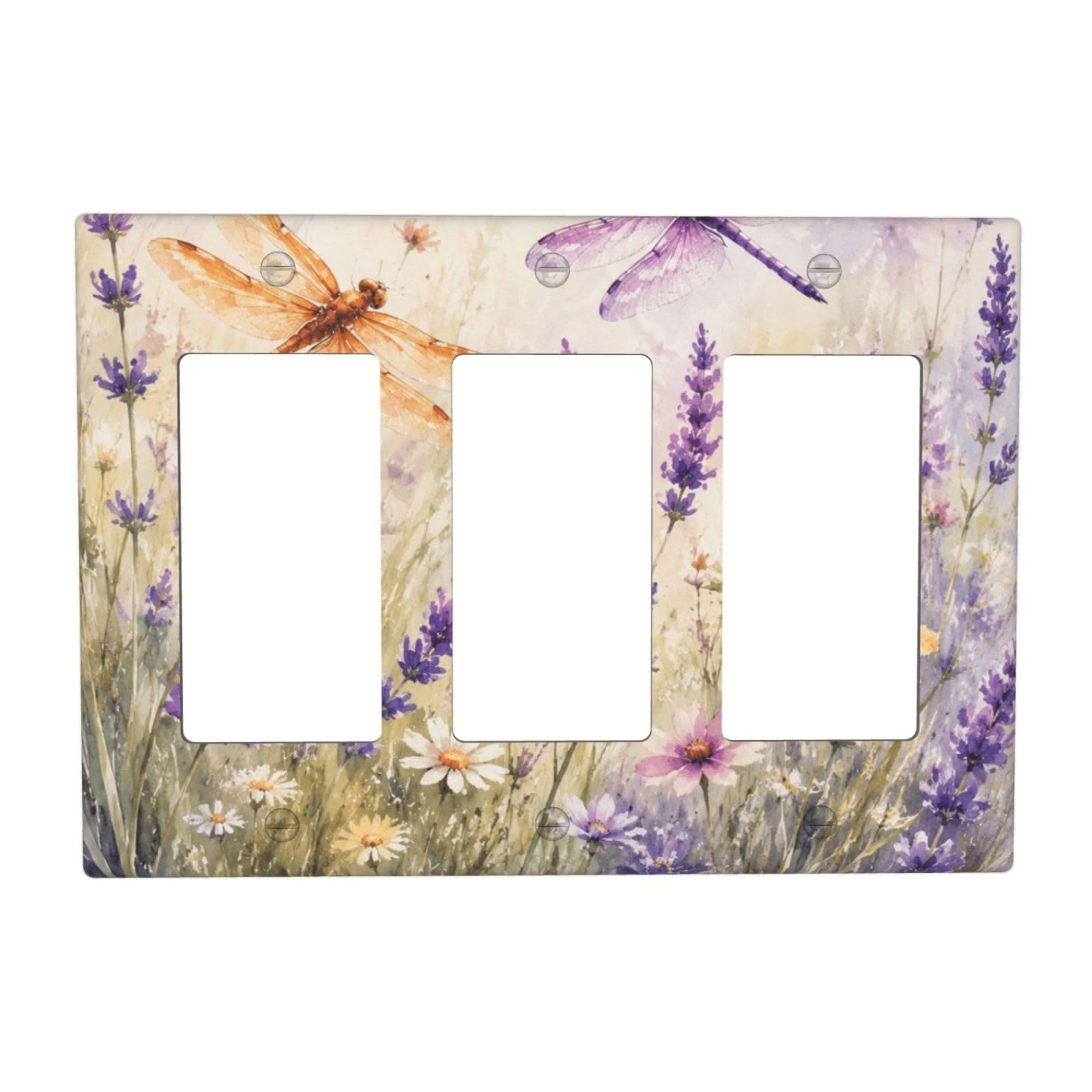 Dwbguo Purple Lavender Dragonfly Decorative Outlet Covers Watercolor Dragonfly Lavender Floral 3 Gang Wall Plate Triple Rocker Vintage Purple Flower Light Switch Covers Switch Plate Cover For Bedroom Home Decor