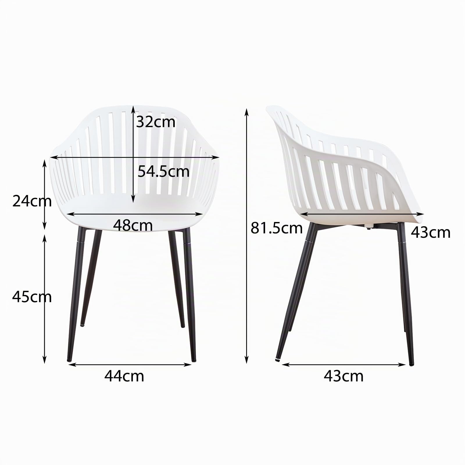 GrandCA HOME Juego de 4 Sillas de Comedor Modernas, Sillas de Cocina con Respaldos Huecos Verticales, Reposabrazos y Patas de Metal Negro, Adecuadas para Salas de Estar, Balcones, Oficinas - Blanco