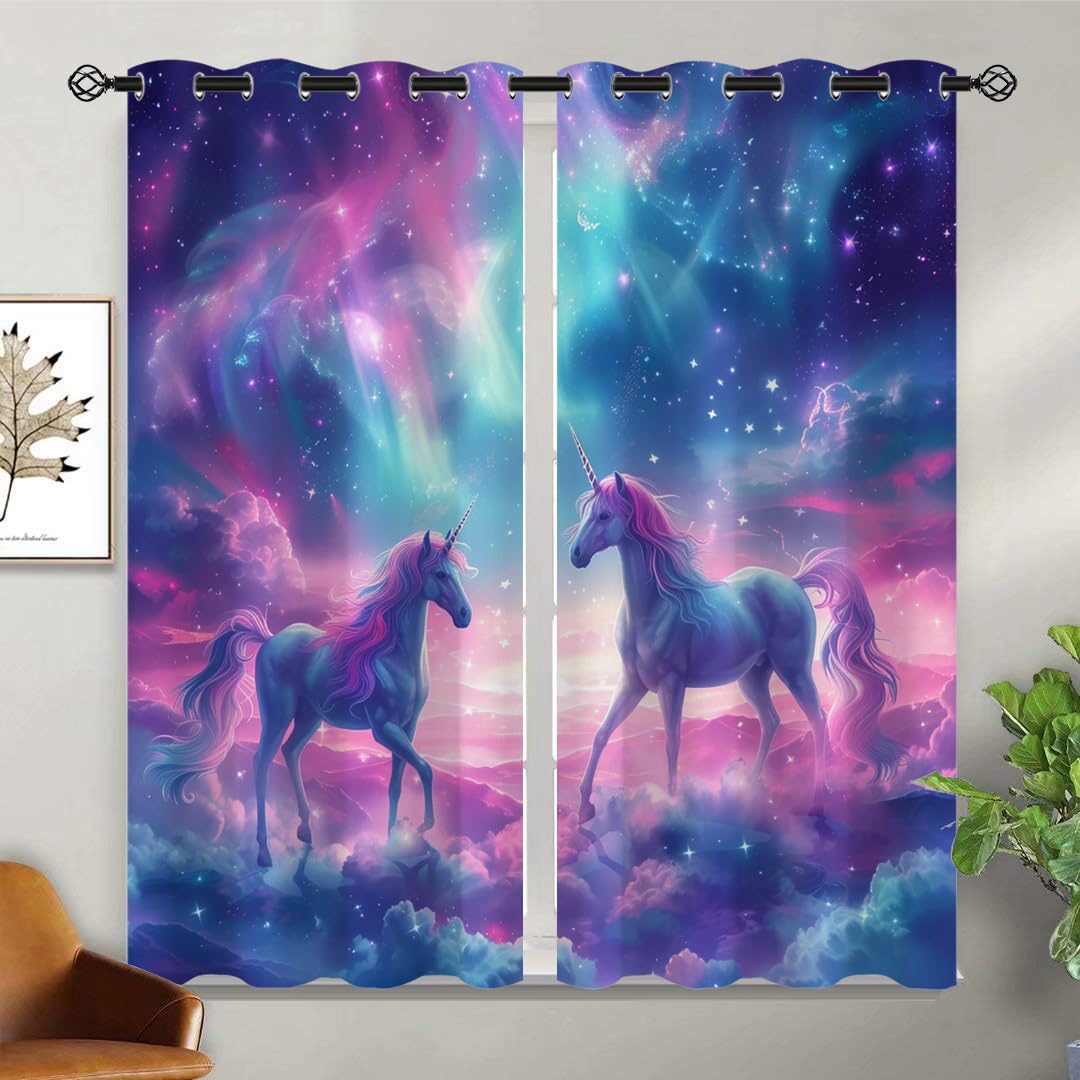 Fantasy Unicorn Blackout Curtains for Girls Boys Kids Teens Home Decor, Cute Starry Sky Stars Galaxy Grommet Thermal Insulated Drapes Darkening Window Curtain for Bedroom Living Room, 42 x 63 Inch