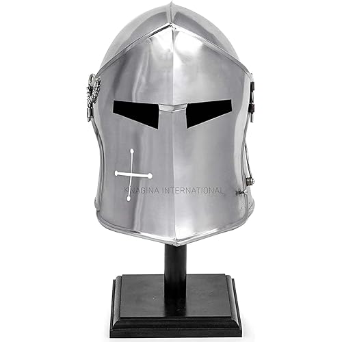 Nagina International Medieval Barbuta Visored Brushed Steel Knights Armory Templar Crusader's Helmet On Black Wooden Base | Props & Costumes Helm For Larpers
