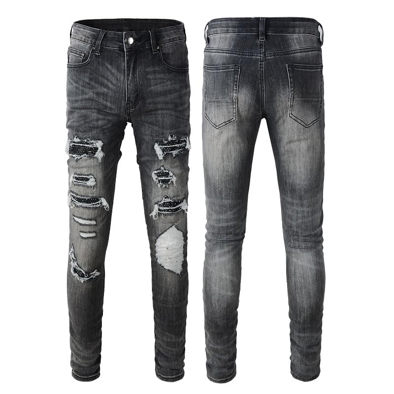 Mens Black Crystals Knee Patchwork Jeans Skinny Stretch Slim Distressed Ripped Rhinestone Stripe Pants