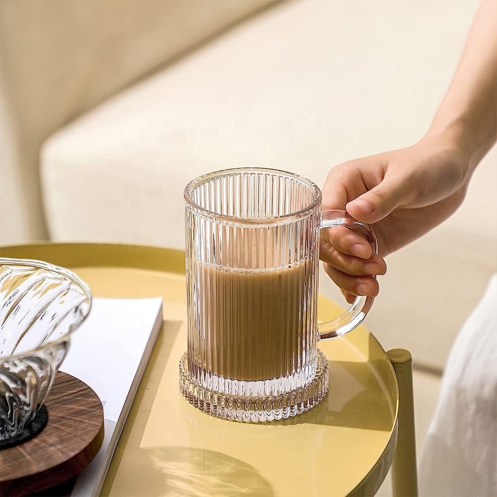 Joeyan 390ml Vasos de cristal transparente con ondulaciones, con pajilla y tapa de cristal y asa,set de 2,Ideales para agua, café frío, bebidas, té. Vasos de agua para el hogar, la cocina y la oficina