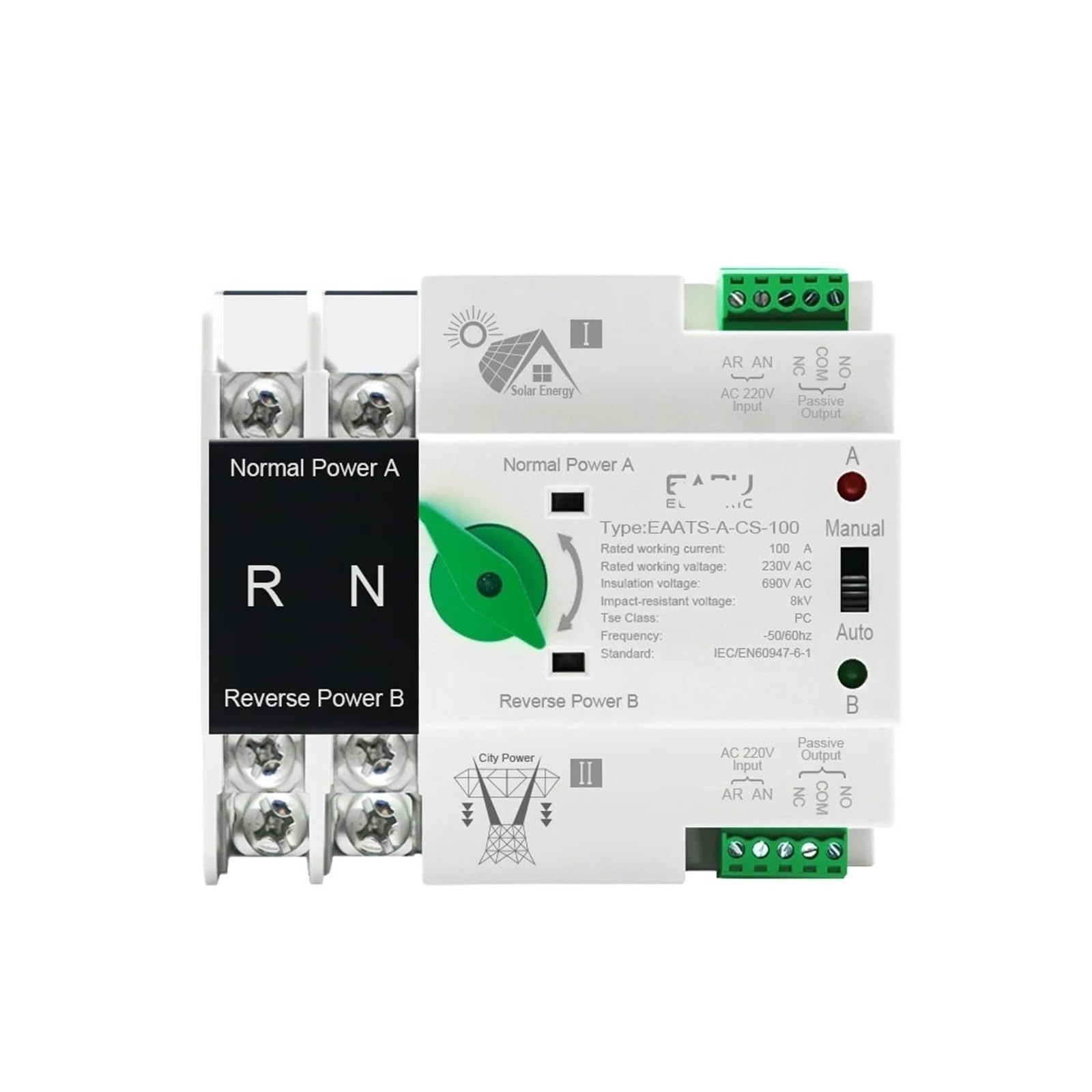 JNVFTCUX 2P 4P DIN Rail ATS for photovoltaic and Inverter Dual Power Automatic Transfer selector Switch uninterruptible 100A 220V(Ac110v,1)