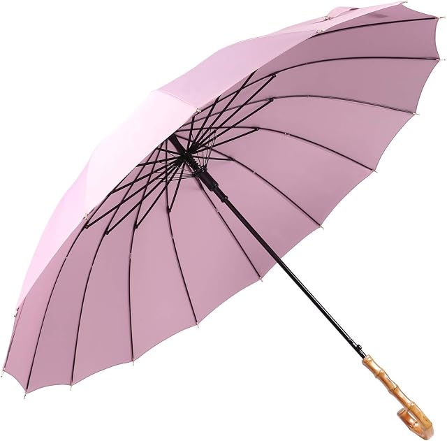 ThreeH Bamboo Hook Handle Golf Umbrella Windproof and Rainproof Auto Open Stick Umbrella KS08,Purple