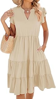 Yutdeng Summer Dress Women's Short Dress Elegant Summer Dresses Lightweight with Pockets Casual Dress V Neck Short Sleeve with Ruffles Casual Dress Viscose Summer Dresses Knee-Length Mini Dress