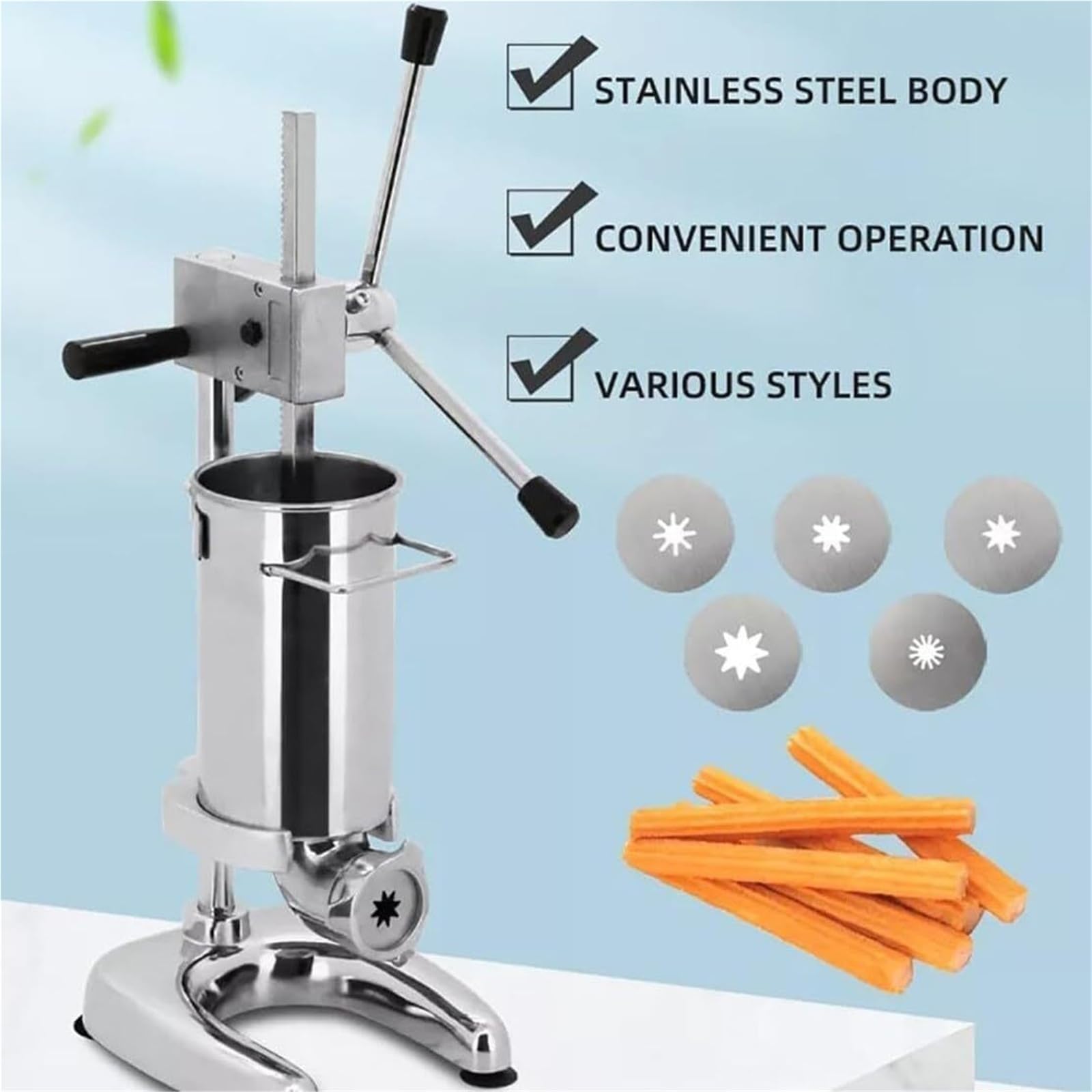 Máquina comercial para rellenar churros Churrera manual de acero inoxidable Con 5 moldes Equipo para hacer donas de frutas españolas(2L)