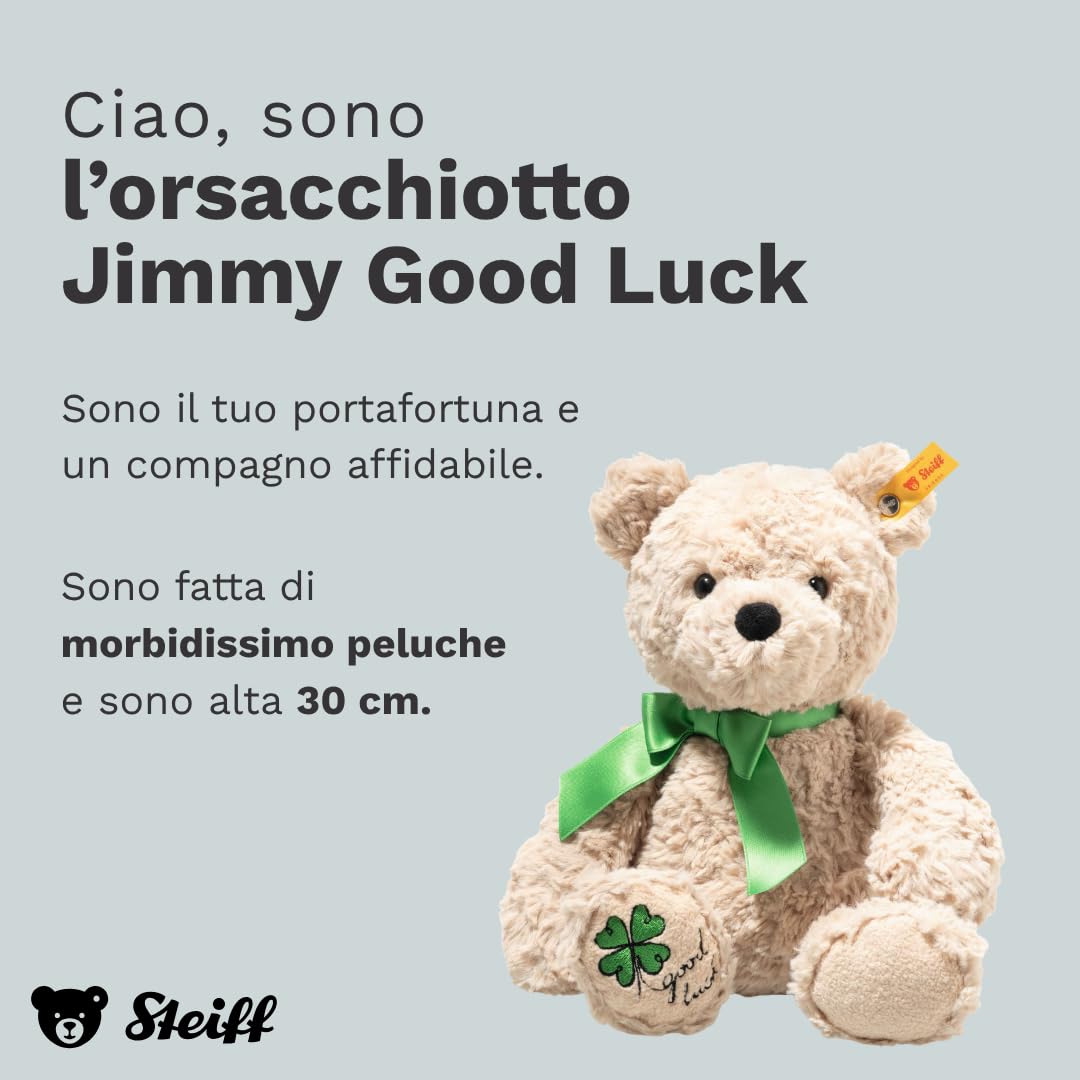 Steiff Peluche Orsacchiotto Jimmy Good Luck, dolce animale di stoffa per bambini, ragazzi e ragazze, Friends, pupazzo di 30 cm, beige, 114144
