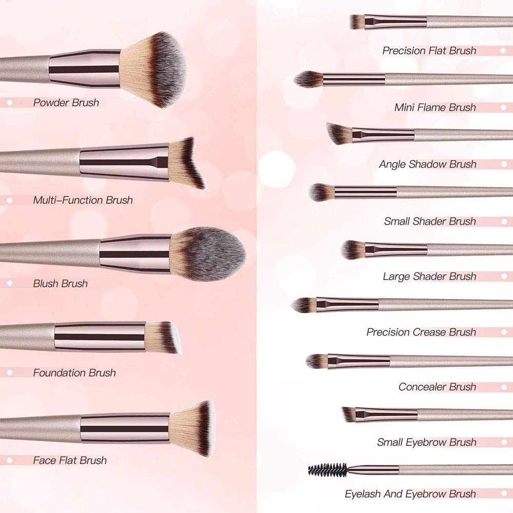 14 brochas de Maquillaje, Juego de brochas de Maquillaje sintéticas avanzadas Profesionales con Mango cónico, con Funda Protectora para Base de Maquillaje, Rubor, Sombra de Ojos, Dorado