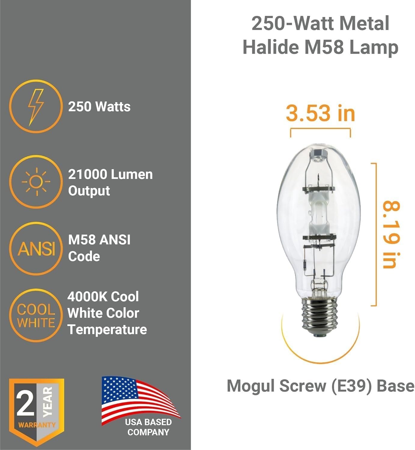 Diodesy- MH250/U/MOG M58 Metal Halide Lamp 250W E39 Mogul Base 21000 Lumens 4000K Cool White ED28 Clear Finish High Intensity Discharge Outdoor Light Bulb 15,000 Hour Life Span