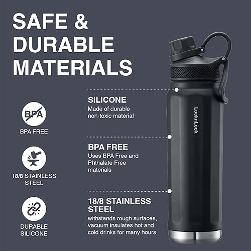 Miniatura 3 de LocknLock Trek Botella de acero inoxidable con aislamiento de doble pared, 24 onzas, color negro