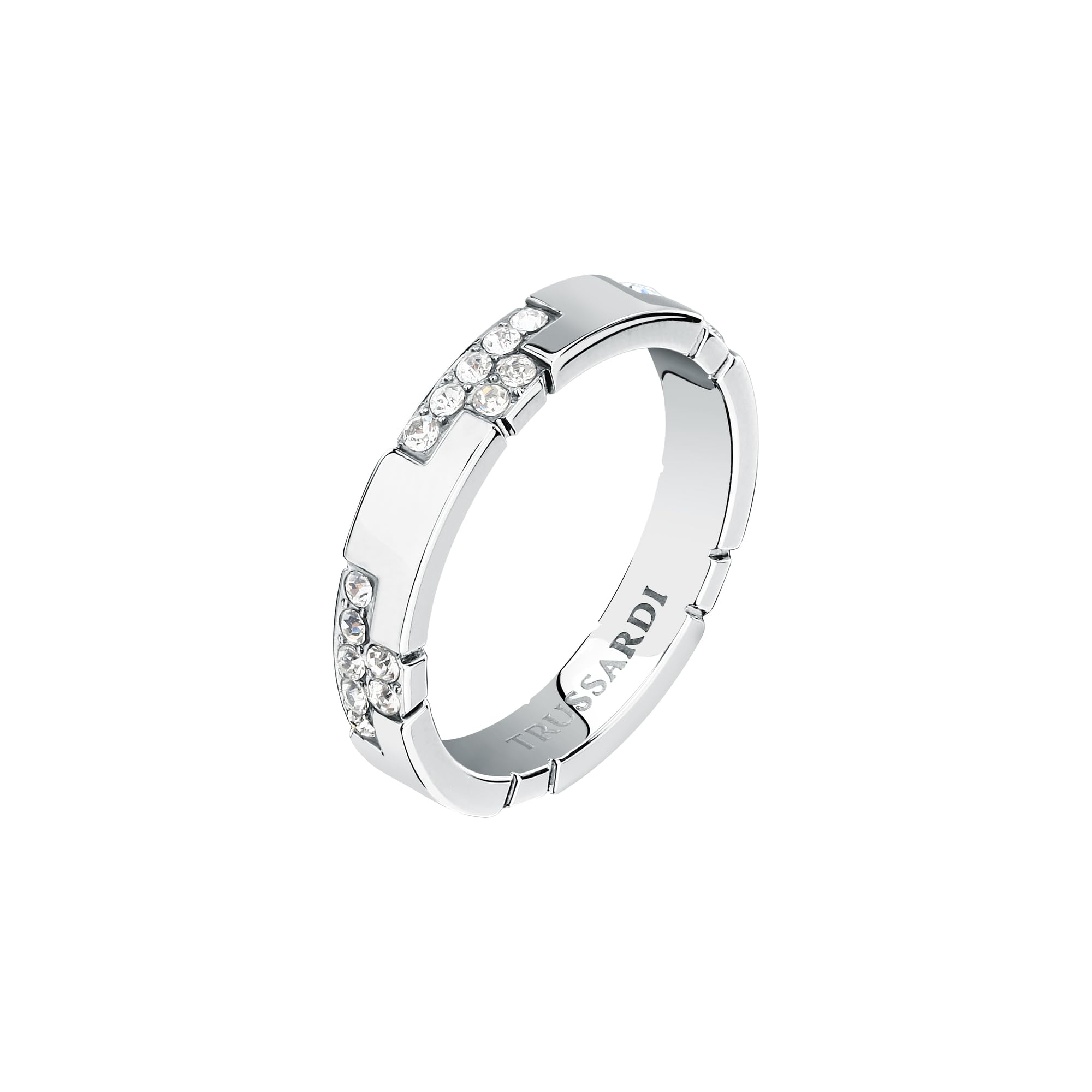 TRUSSARDI Anello Donna in Acciaio, Cristalli, Collezione T-LOGO, Regalo Fidanzata