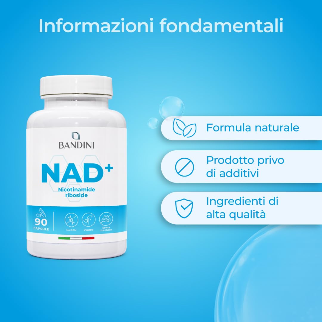 Bandini® NAD+ Nicotinamide Riboside Cloruro 300 mg | +3 Mesi di Scorta | NAD Booster | Energia e Riduzione Stanchezza | Supporto Nervoso | 90 Capsule Vegetali | Premium & Vegan | Assorbimento ottimale