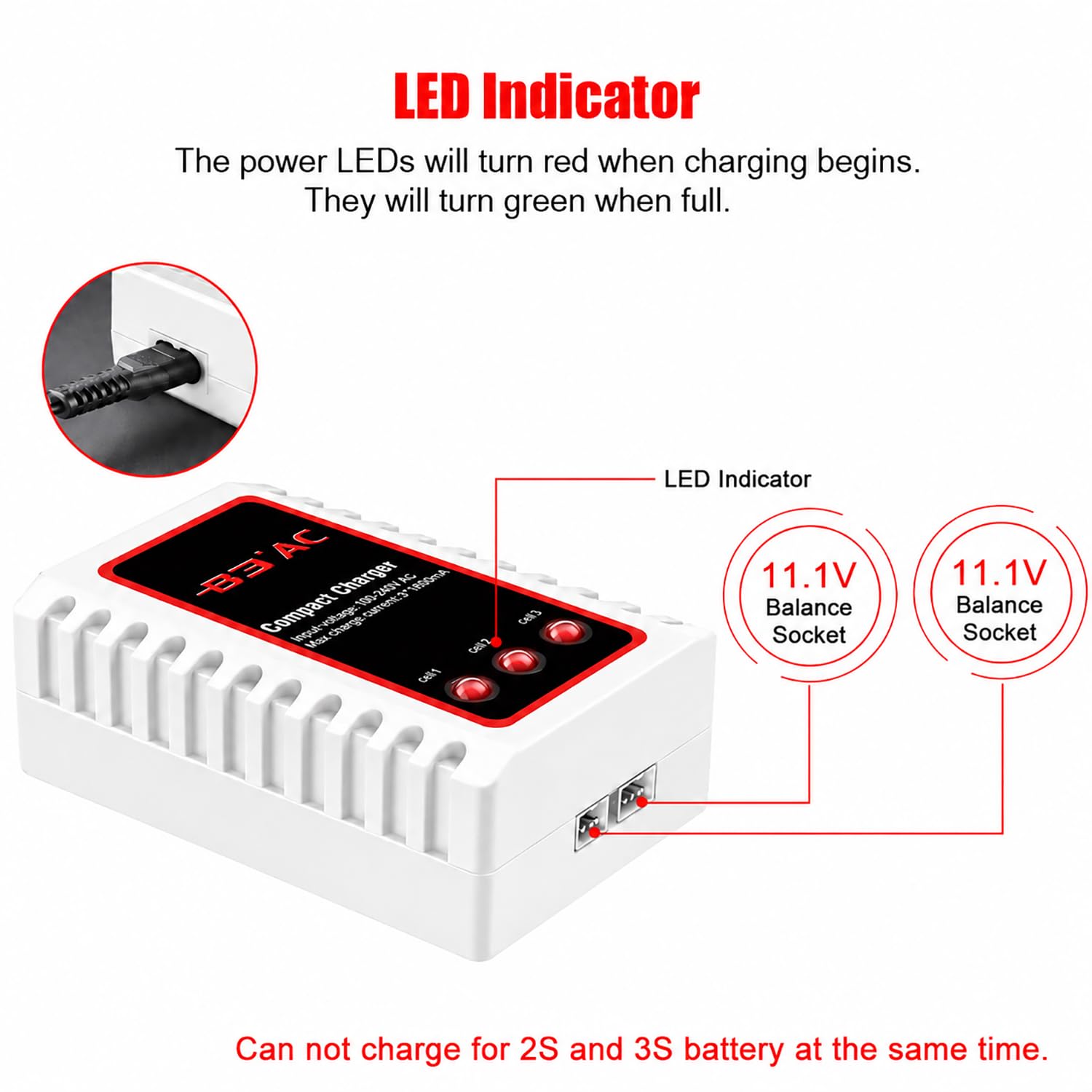 Haisito Caricabatterie Lipo B3 per Pacco Batteria 2S 3S (7,4 V, 11,1 V), Compatto Caricabatterie Rapido Bilanciamento Batteria Caricabatterie (100-240 V) per RC Quadcopter Drone Car Boat