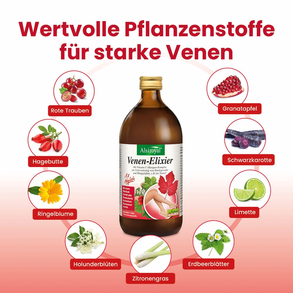 Alsiroyal Venen-Elixier – 22% Agavendicksaft - Rotes Weinlaub‐Extrakt, Vitamin C, Mangan & Magnesium – Unterstützt gesunde Venen, Bindegewebe & Durchblutung – Nahrungsergänzung