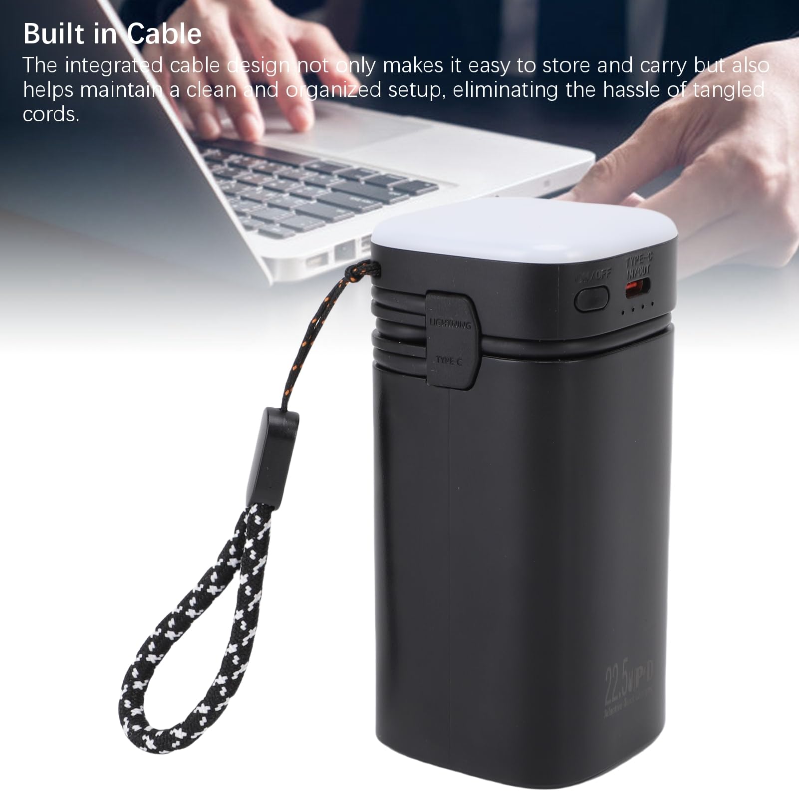 Topiky Power Bank PD da 22,5 W a Ricarica Rapida da 20000 MAh, Alimentatore Portatile con Cavo Integrato, 4 Uscite e Luce da Campeggio a 3 luminosità per Viaggi, Attrezzatura da Esterno