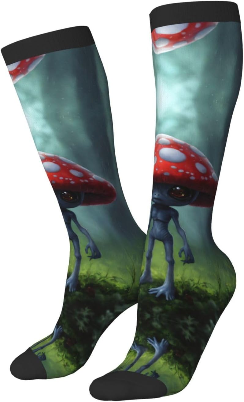 Astronaut And Alien Print Breathable Crew Neck Athletic High Socks,Suitable For Sports,Running,And Travel.