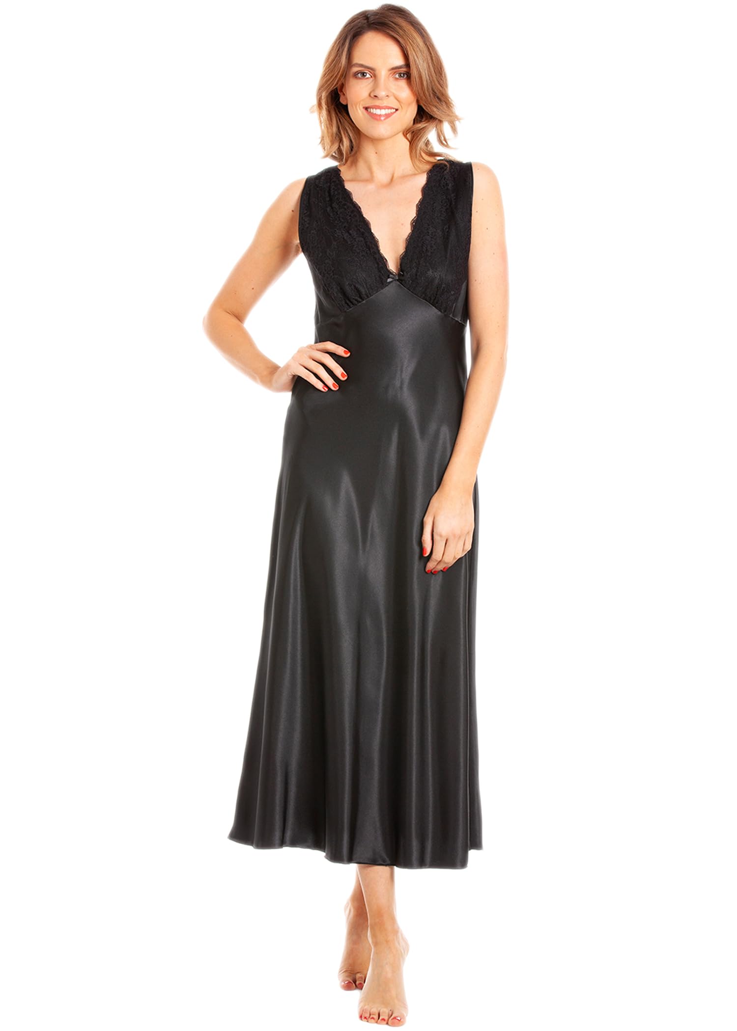 Slumber Hut Womens Satin & Deep Lace Long Chemise Nightdress with Build Up Shoulder Black 14-16