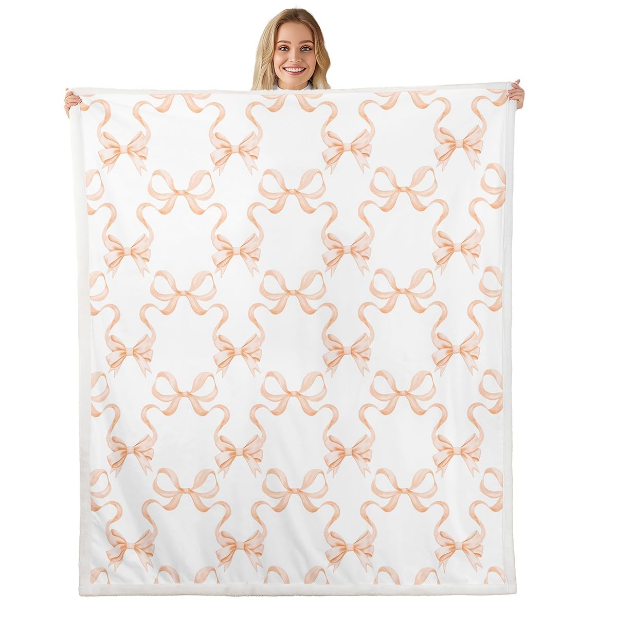 feelingyou Orange Bowknot Throw Blanket,Princess Style Watercolor Bow-tie Bed Blanket for Boys Girls,Fairy Tale Bow Ribbon Stripes Fleece Blanket,Orange White Fuzzy Blanket,40 x 50 Inches