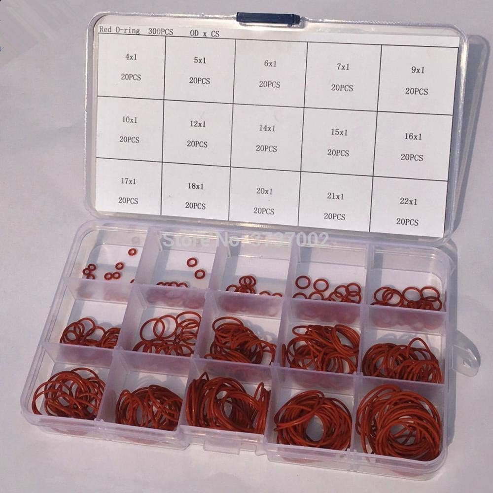 Ochoos 300 Pieces Red Silicone O Ring Kit 1mm Thickness Assortment O Ring Gasket Box 15 Different Sizes High Temperature