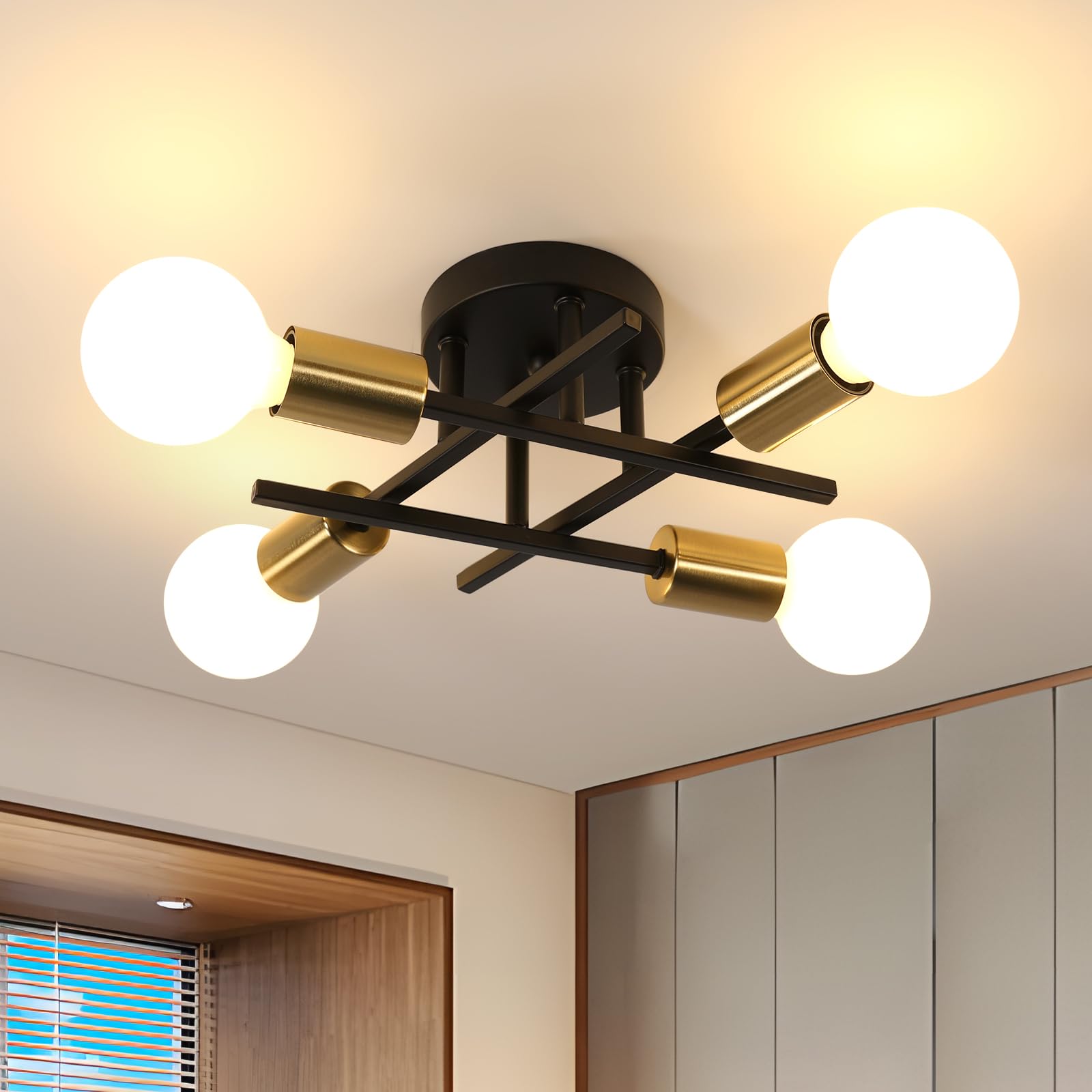 Goeco Deckenleuchte Schwarz Kronleuchter Vintage Industrielle Deckenlampe E27 4 Flammig, Metall Pendelleuchte Deckenleuchtung für Schlafzimmer, Wohnzimmer, Esszimmer, Küche