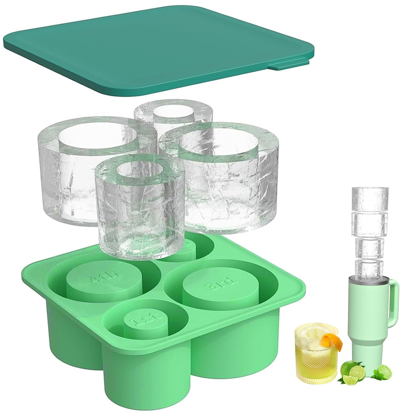 AudasiIce Mold for Stanley Cup Silicone Ice Cube Molds Reusable Stanley Ice Cube Trays 20-40 OZ Cylinder-Shaped Ice Cube Moulds with lid Making 4 Hollow Cylinder for Cocktails Whiskey Tea (Green)