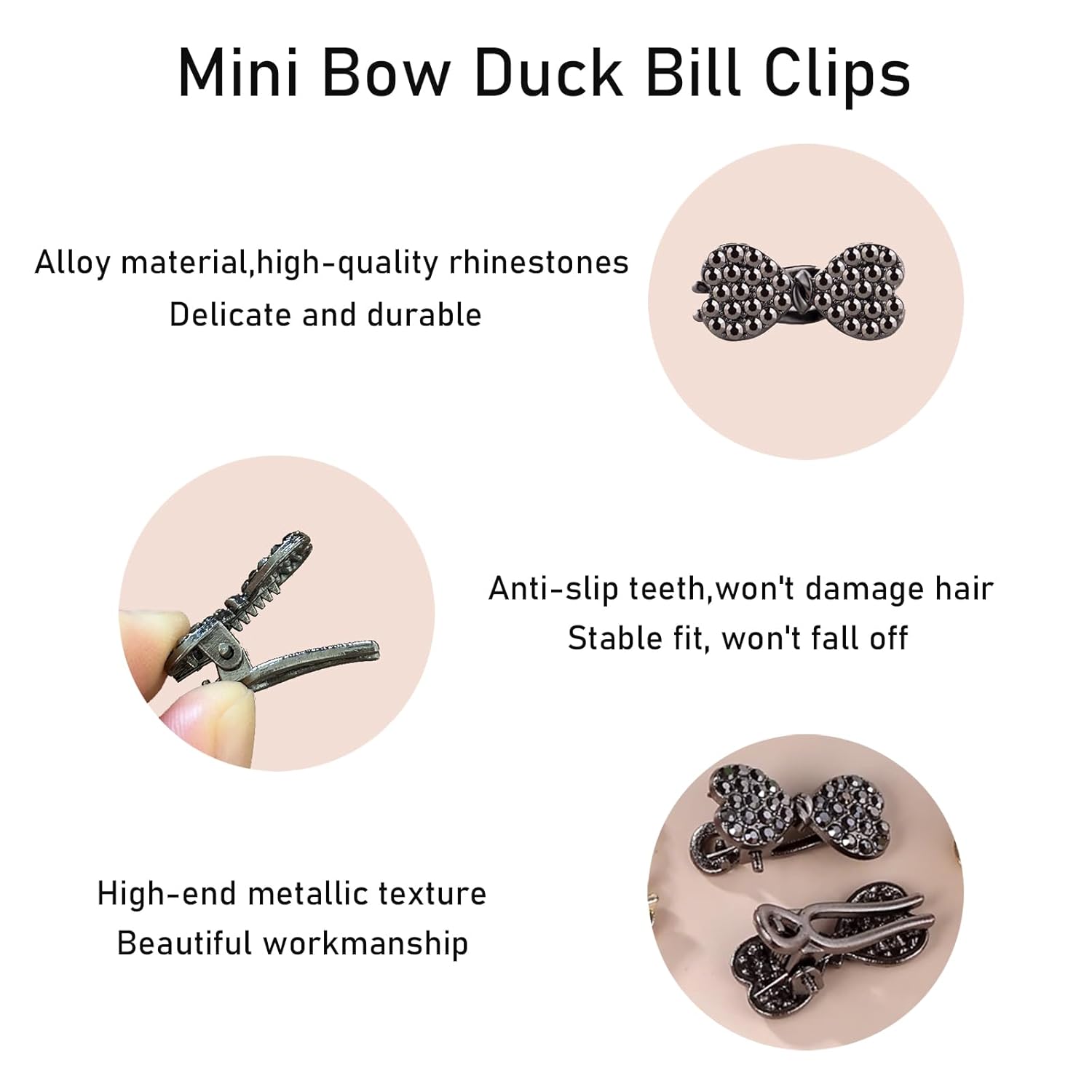 Mini Hair Bows for Women Girls 8Pcs Cute Metal Rhinestone Bow Duck Bill Hair Clips Small Alligator Clip Chic Hair Barrettes for Styling, Bangs, Sweet & Elegant Hair Accessories (Black) - Image 3