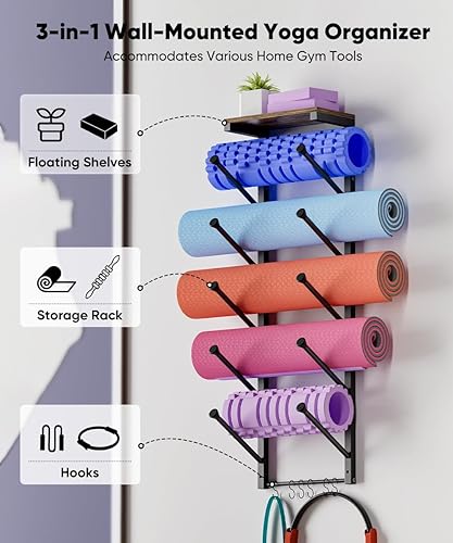 Miniatura 3 de Soporte para tapete de yoga de 5 niveles, soporte de pared con 6 ganchos para colgar, correa de yoga, rodillos de espuma, bandas de resistencia,