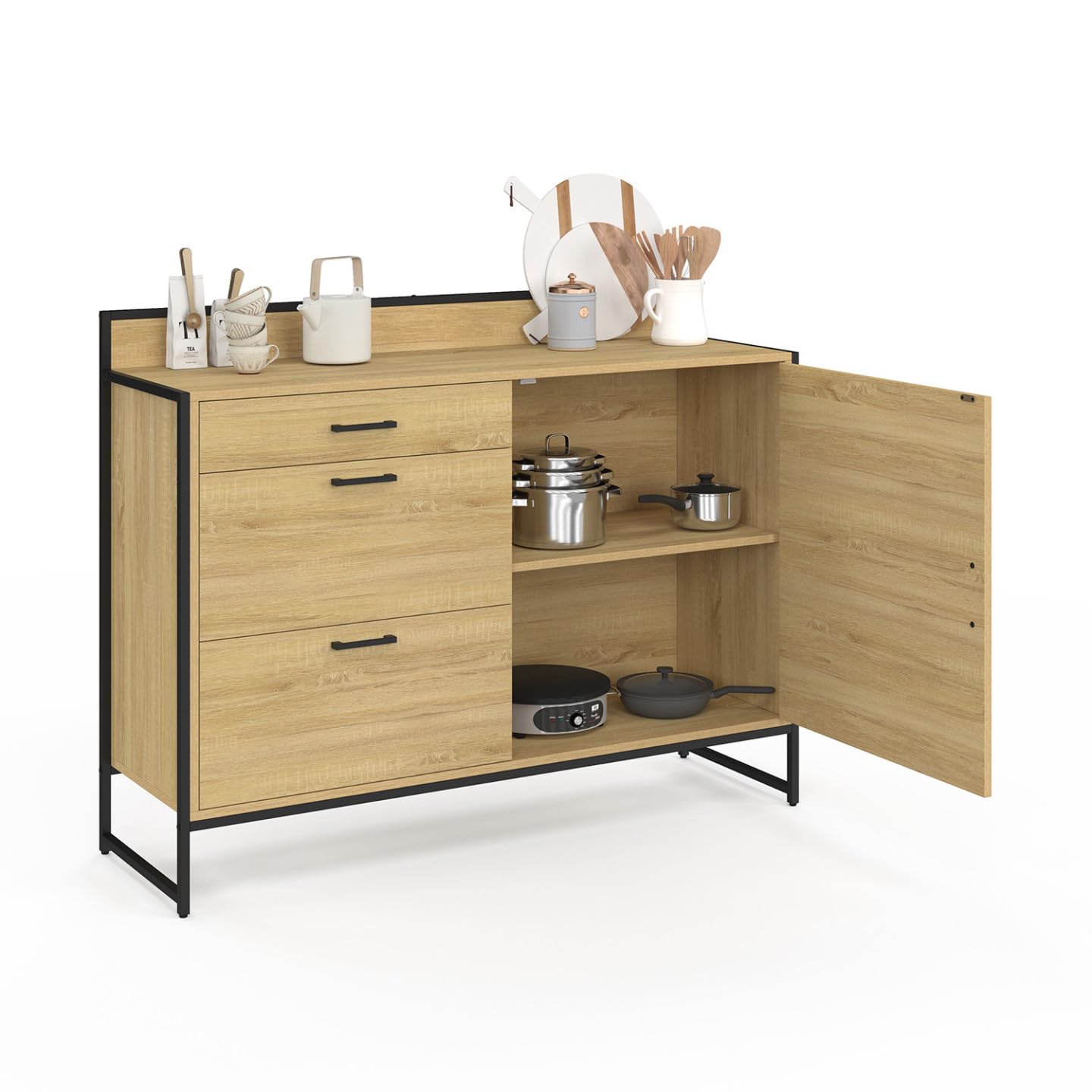 IDMarket - Buffet Bas casserolier de Cuisine 120 cm Detroit Plan de Travail H.83 cm 1 Porte + 3 tiroirs Design Industriel