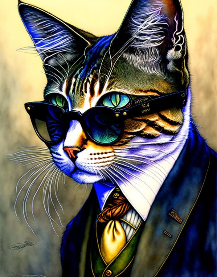 Tableau chat drôle 58x90 cm prof sage avec lunettes
