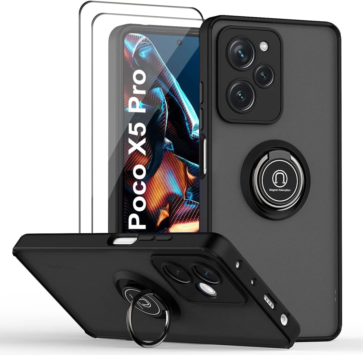 QUIETIP Case Compatible with Xiaomi Poco X5 Pro 5G with Screen Protector,TPU + Hard PC Shockproof Magnetic Ring Car Mount Holder Phone Cover,Black