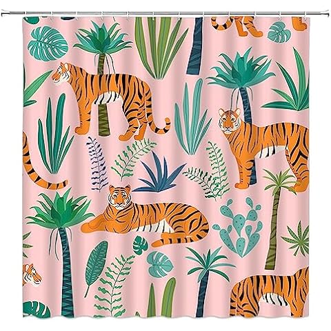 ZKJSMGS Tiger Shower Curtain Tropical Plant Palm Leaf Wildlife Leopar Big Cat Animal Jungle Rainforest Banana Monstera Forest Tree Fabric Bathroom Sets with Hooks,Blush Yellow Blue Cover