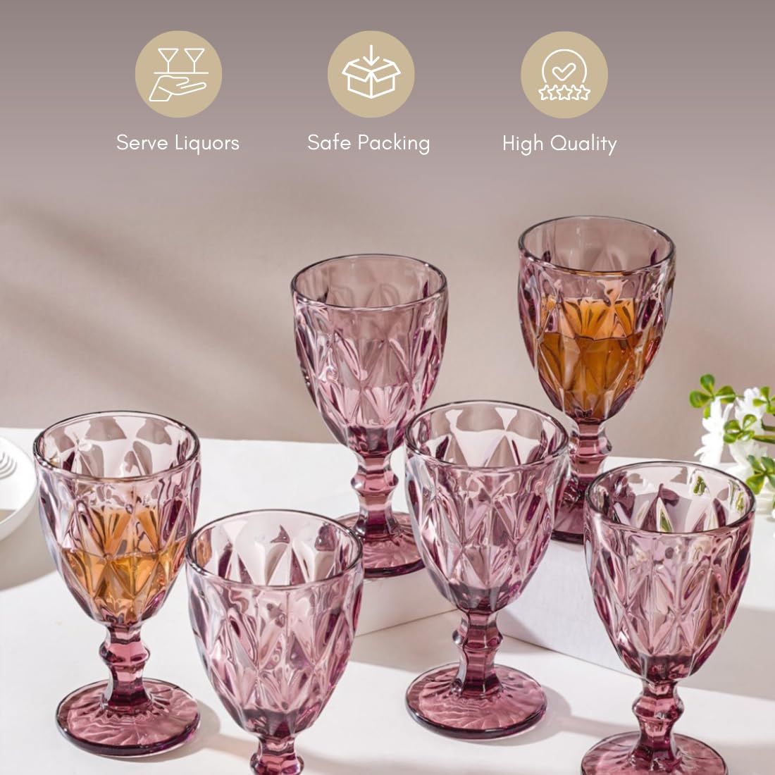 Nestasia Vintage Wine Glasses Set of 6 | Purple Geometric-Patterned Stemmed Glasses | Perfect for Red & White Wine, Champagne, Water, Juice, Mocktails & Cocktails (300ml Each) | Ideal for Gifting 2
