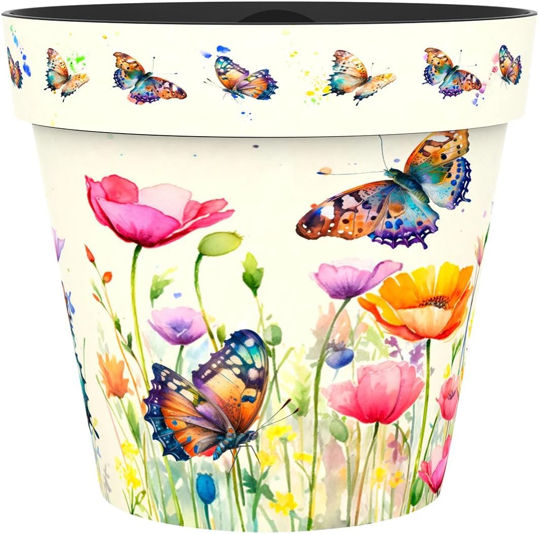 Decorative Flower Pot Indoor Outdoor - Printed Plastic Plant Pot - Wildlife Designs (Butterfly, Bee, Bird, Hedgehog) - Garden Planter for Flowers, Herbs & Houseplants (Butterfly, 24 Litre)