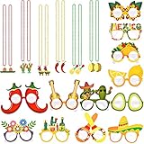 24 Pieces Fiesta Party Decorations Fiesta Eyeglass Cinco De Mayo Paper Glasses Fiesta Eyewears ​Fiesta Bead Necklaces Cactus Taco Avocado Corn Photo Props for Mexican Themed Fiesta Carnival Party