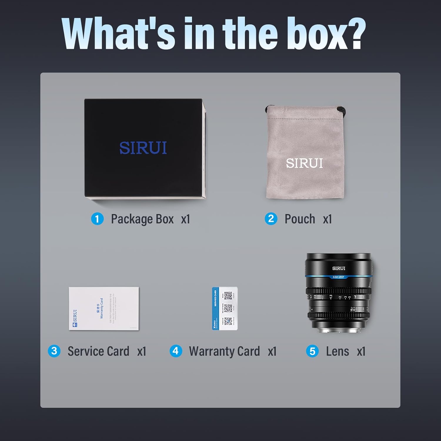 Contents of the SIRUI Night Walker lens box including lens, pouch, service card, and warranty card