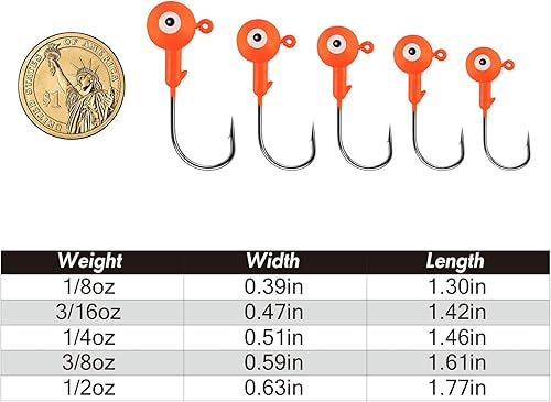 Miniatura 7 de Paquete de 10 cabezas redondas de pesca, ganchos de róbala de lubina, ojos 3D, acero de alto carbono, 18-12 onzas, cabezales de plantilla de pompano