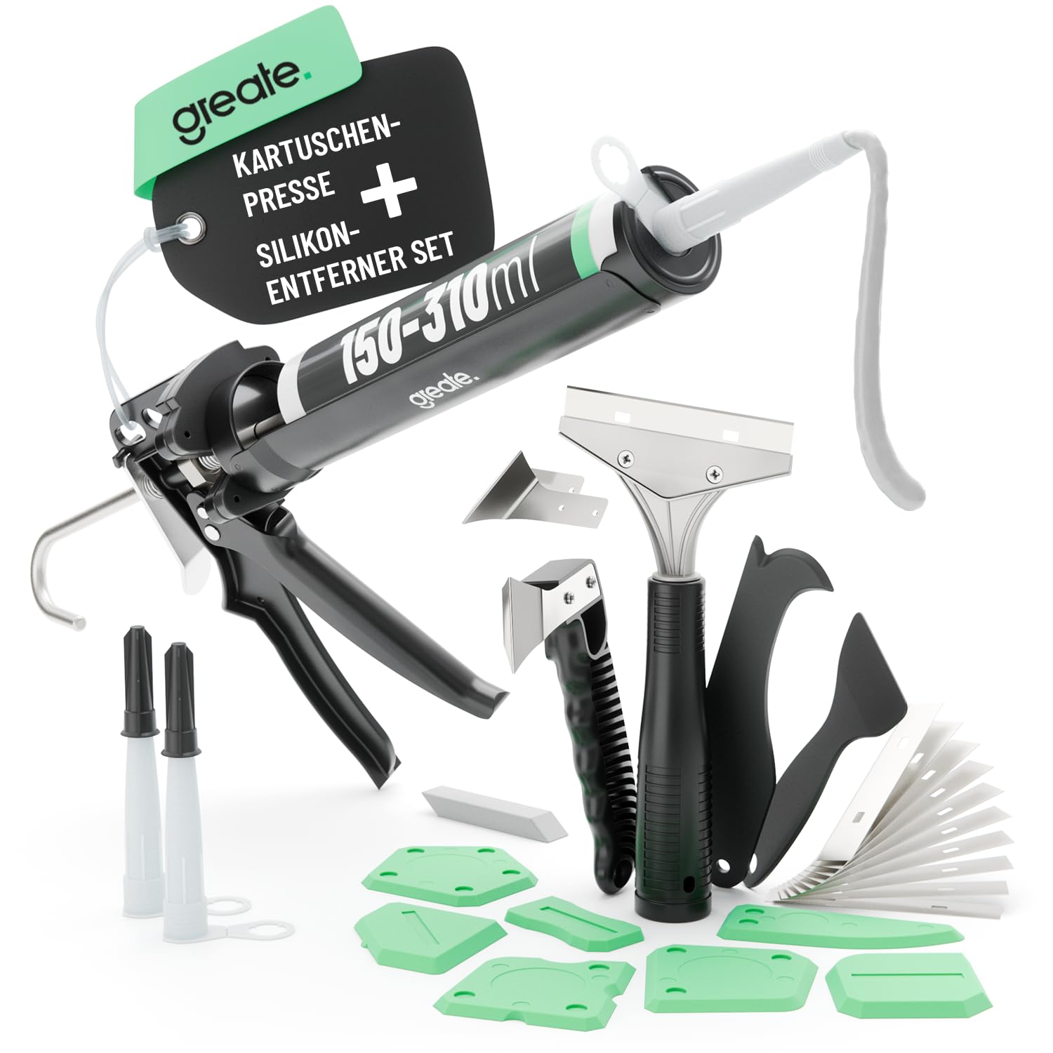 greate set completo de silicona: pistola para cartuchos herramienta retirar | silicona y juego de alisadores – pistola + herramienta para renovar juntas y acrílico