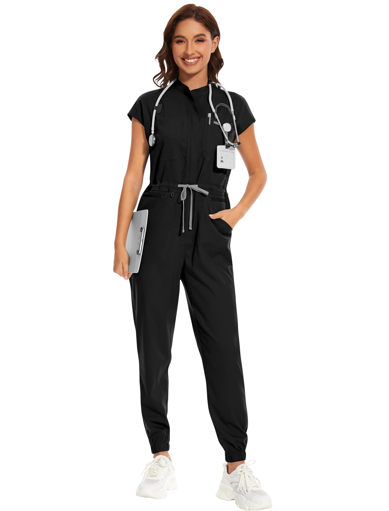 8 Pockets Scrub Jumpsuit for Women - Soft Stretch Medical Uniforms Scrubs Jogger Set Comfortable Ladies Workwear Overall