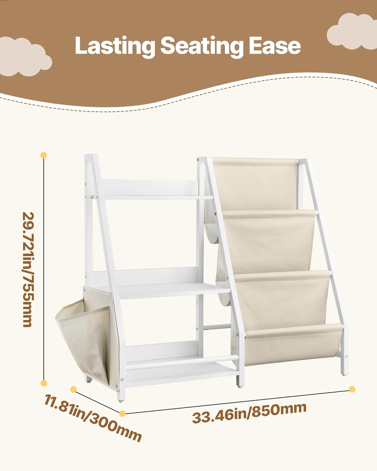 VEVOR 3-Tier Kids Bookshelf, Toy Storage Organizer for Toddler, Book Shelf for Kids Rooms with Sling Book Rack and Storage Bag, Kids Storage Book Shelves for Kids Room, Playroom, Kindergarten, Nursery