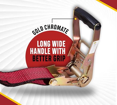 Vista 96 de Mytee Products Paquete de 20 correas de trinquete de 2 pulgadas x 30 pies con gancho plano, WLL 3,333 amarre de remolque, rojo para plataforma