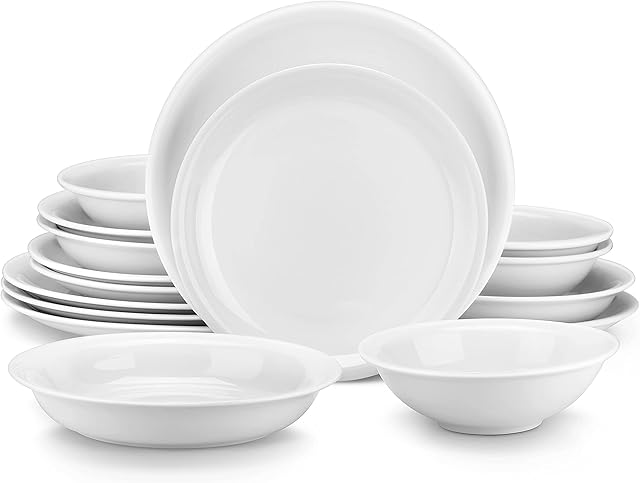 MALACASA Dinner Sets, 16-Piece Porcelain Plates and Bowls Set with 4-Piece Dinner Plate/Soup Plate/Side Plate/Cereal Bowl, Dinnerware Set Service for 4, Series Isabel