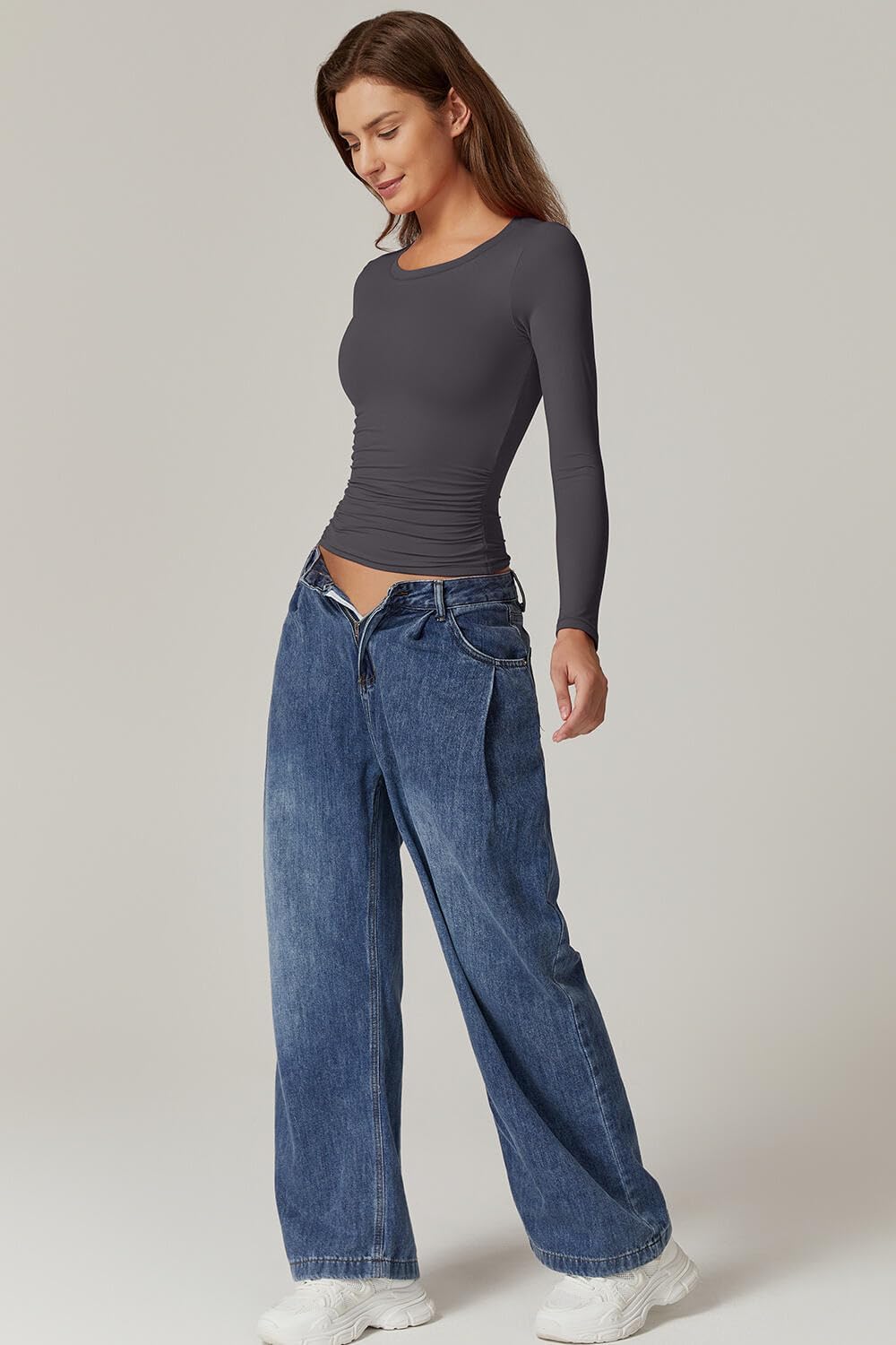 QINSEN Womens Crewneck Long Sleeve Shirt Double Lined Basic Tees Side Ruched Going Out Crop Tops - Image 3