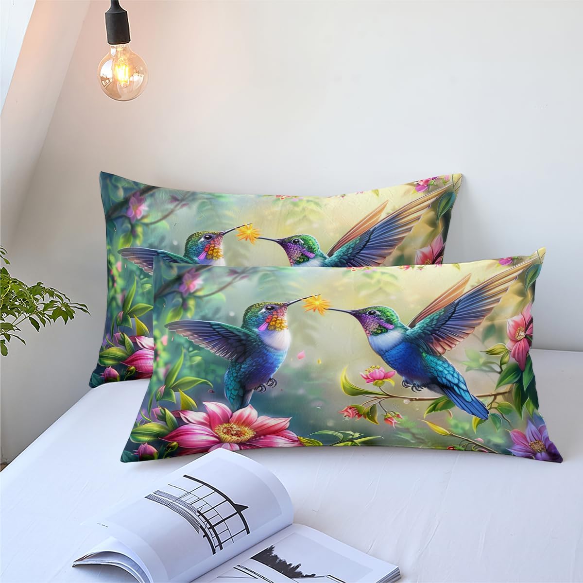 Hummingbird Duvet Cover Queen Size Green Floral Bird Botanical Bedding Set 3 Pcs Romantic Pink Floral Spring Coquette Garden Soft Breathable Microfiber Coquette Comforter Cover with Zipper Closure