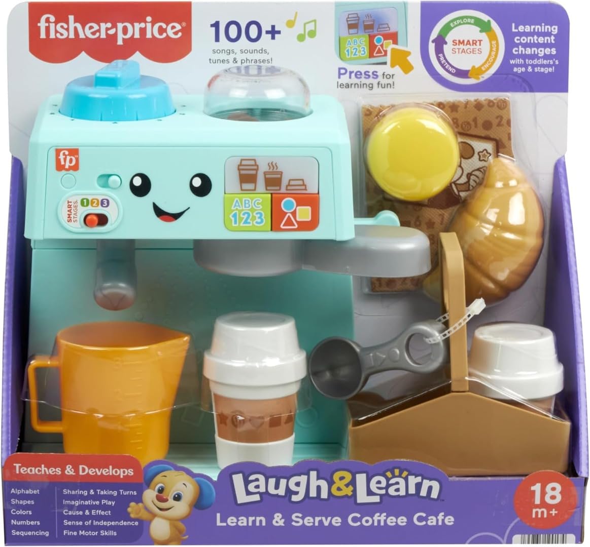 Fisher-Price Zestaw do ekspresu do kawy: Nauka i podawanie z postępowym przebudzeniem i 10 elementami, od 18 miesięcy, wersja wielojęzyczna, HYR98
