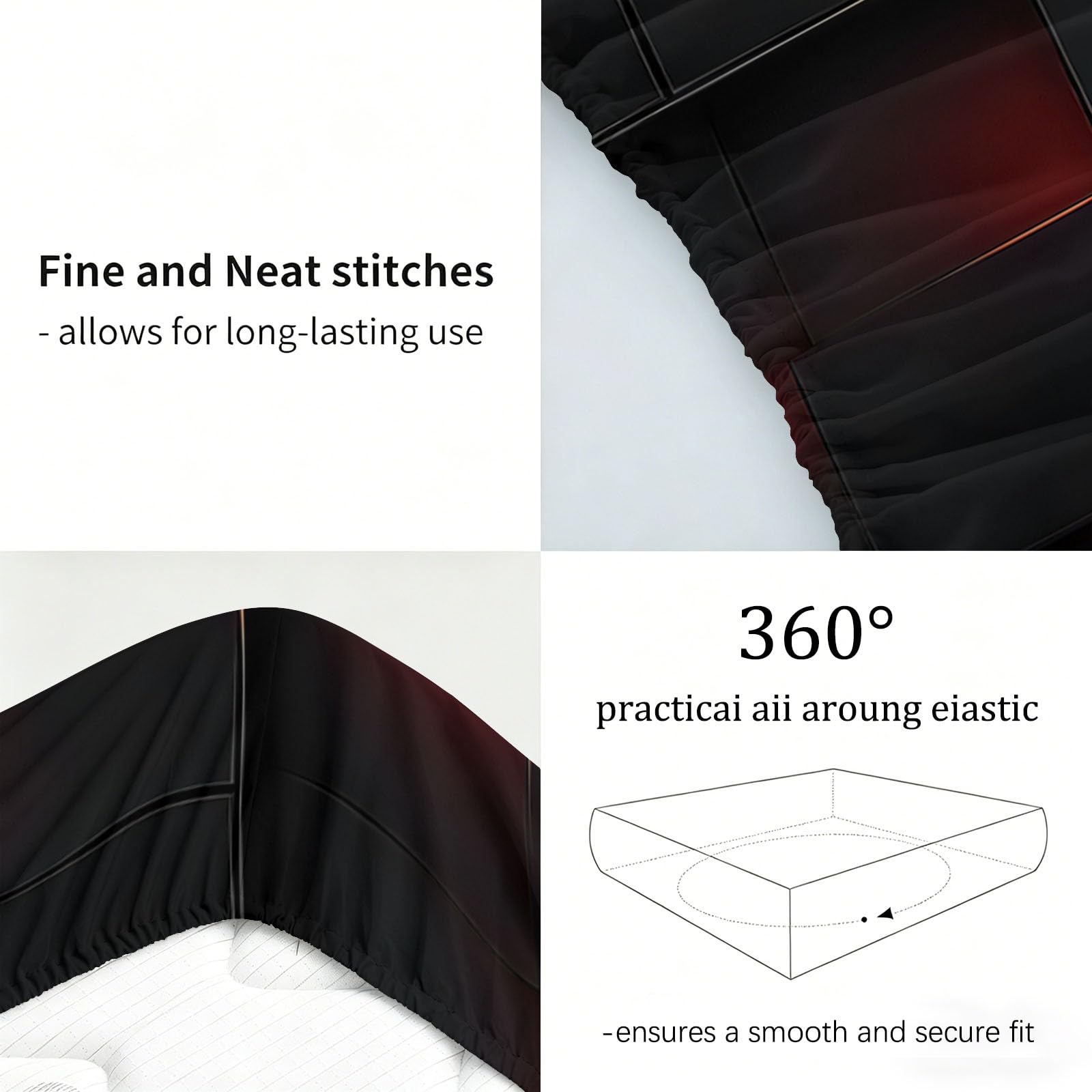 Sábana bajera ajustable 3D moderna de microfibra suave para niños y adolescentes, resistente a la decoloración, con bolsillo profundo de 30 cm, tamaño Super King, 180 x 200 cm, color negro