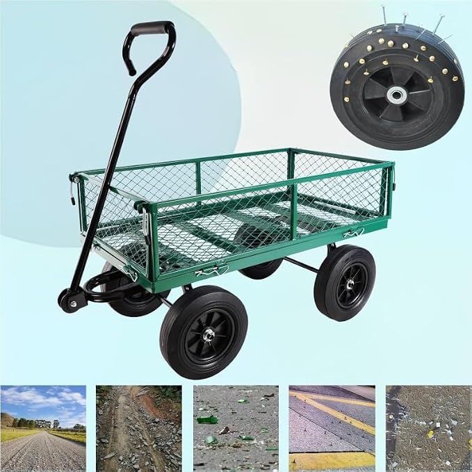 Carretilla de jardín desmontable con ruedas sólidas para exterior, para césped y jardín miniatura 6