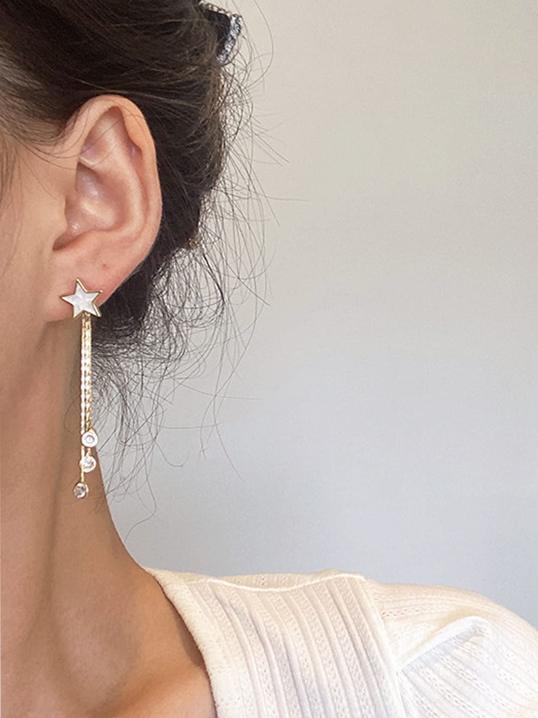 Women's Star Shaped Stud with Linear Chain Crystal Hanging Dangler Earrings